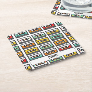 Retro Music Cassette Tape DJ and Musician Square Paper Coaster