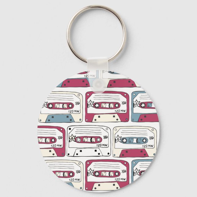 Retro Music Cassettes: Rock Background Pattern Keychain (Front)