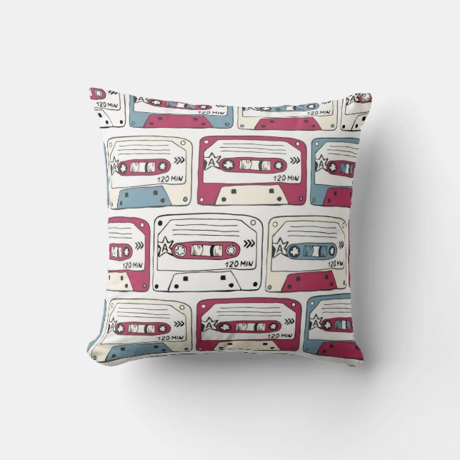 Retro Music Cassettes: Rock Background Pattern Throw Pillow (Front)