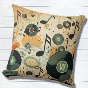 Retro Music Lover's Vinyl Music Notes Monogram Throw Pillow