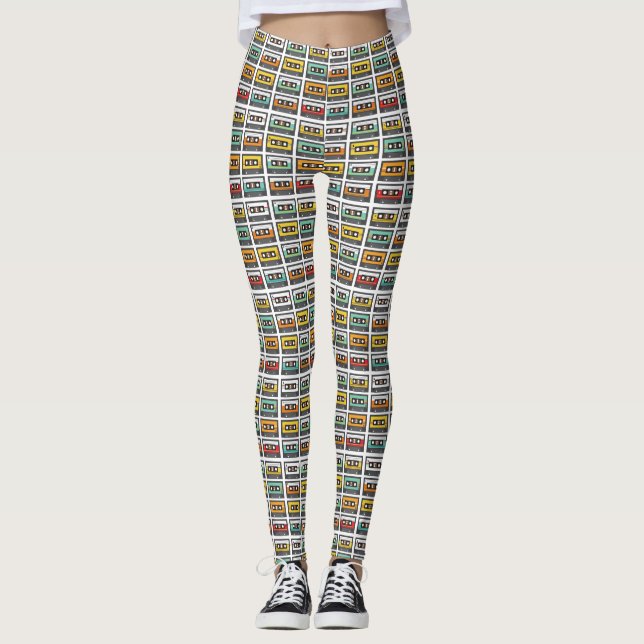 Retro Music Mix Cassette Tape Colourful Patterned Leggings (Front)
