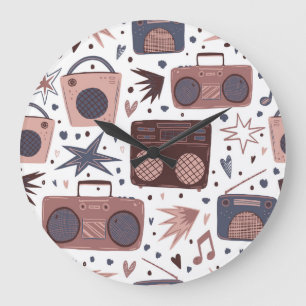 Retro Music Seamless Vintage Pattern. Large Clock