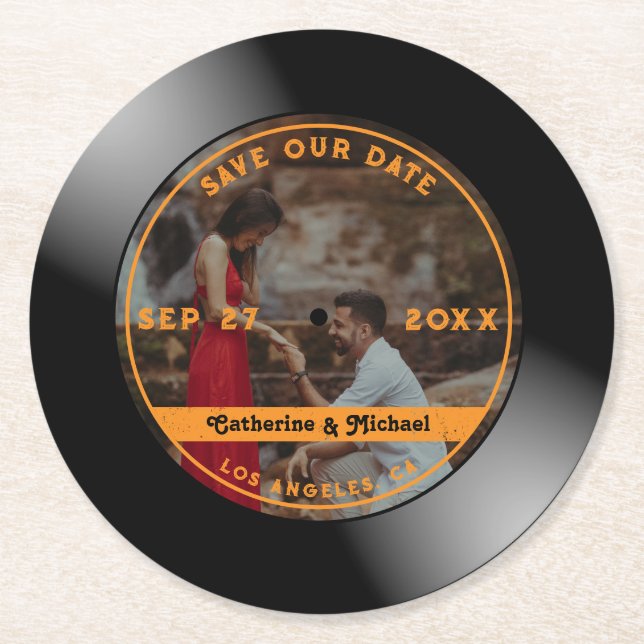 Retro Music Vinyl Record Photo Wedding Round   Paper Coaster (Front)