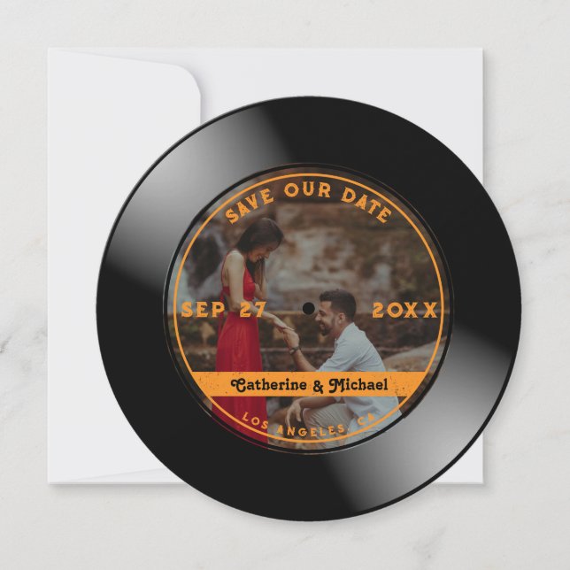 Retro Music Vinyl Record Photo Wedding Round Save The Date (Front)