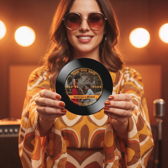 Retro Music Vinyl Record Photo Wedding Round Save The Date (Creator Uploaded)