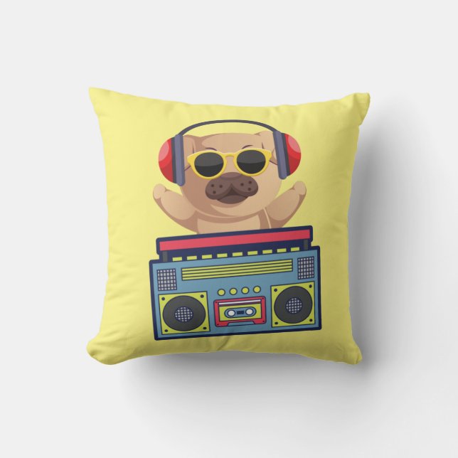 RETRO MUSICAL PUG AND CASSETTE PLAYER  THROW PILLOW (Front)