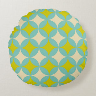 Retro Mustard and Teal Geometric Circle Pattern Round Pillow
