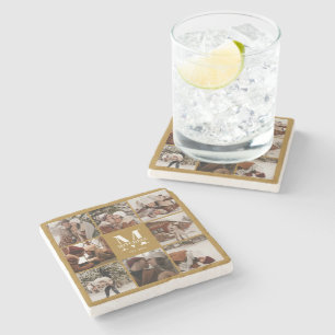 Retro Mustard Monogram Initial Family Name Photo Stone Coaster