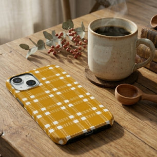 Retro Mustard Yellow and White Textured Plaid  iPhone 15 Case