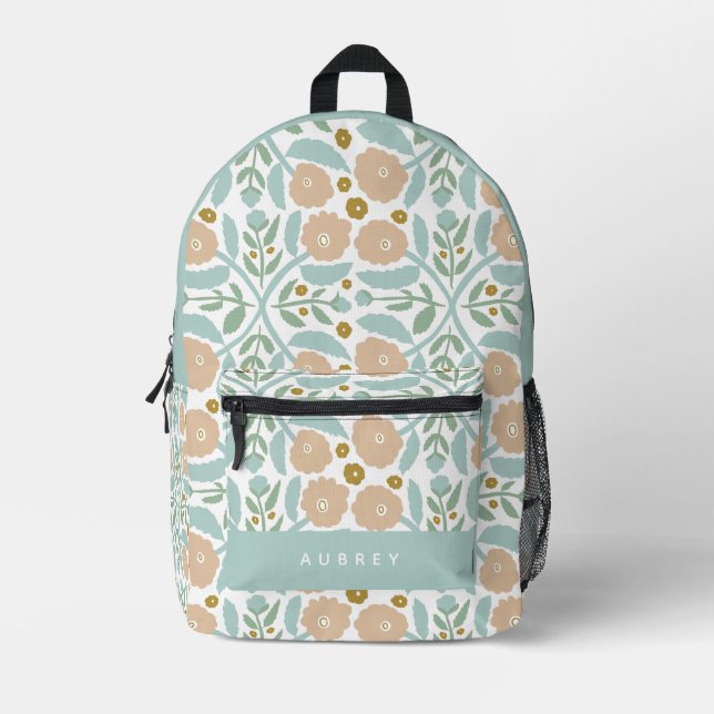 Retro Muted Blue Floral Pattern Printed Backpack (Front)