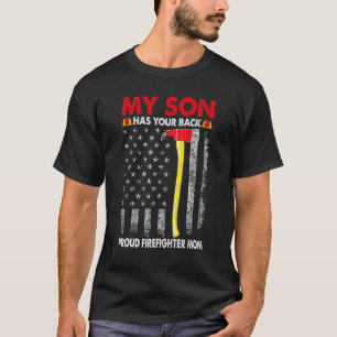 Retro My Son Has Your Back Proud Firefighter Mom M T-Shirt