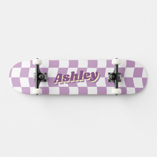 Retro Name Girly Purple White Chequered Pattern Skateboard (Horz)