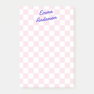 Retro name light pink white checkerboard pattern post-it notes