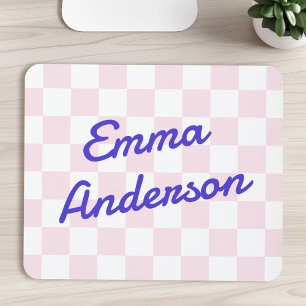Retro name light pink white chequerboard pattern mouse pad