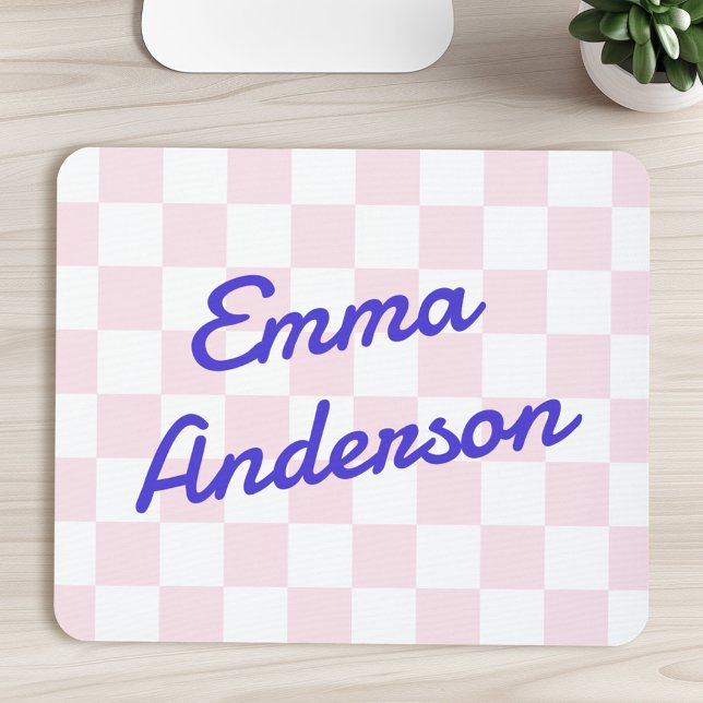 Retro name light pink white chequerboard pattern mouse pad (Retro name light pink white checkerboard pattern mouse pad)
