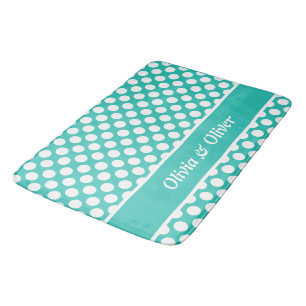 Retro Name Turquoise & White Polka Dot Pattern Bath Mat
