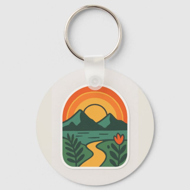 Retro Nature Sunset – Vintage Mountain Keychain (Front)