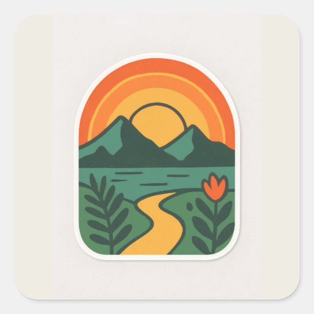 Retro Nature Sunset – Vintage Mountain Square Sticker (Front)