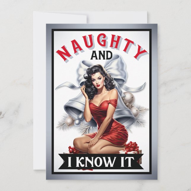 Retro Naughty and I Know It Christmas Pinup Invitation (Front)