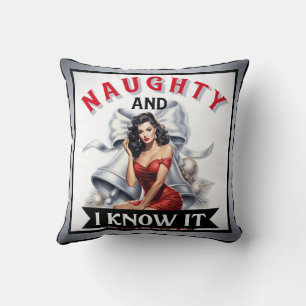 Retro Naughty and I know it Christmas Pinup Throw Pillow