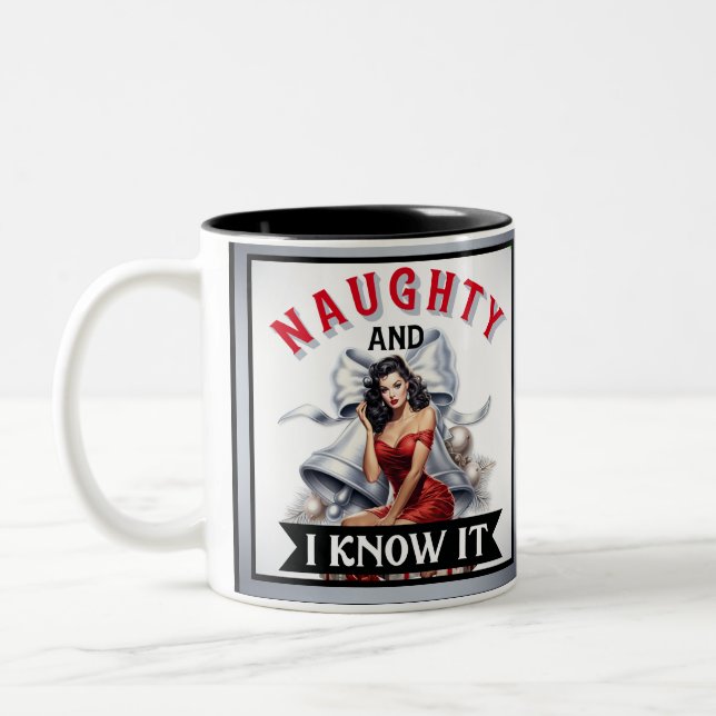Retro Naughty and I Know It Christmas Pinup Two-Tone Coffee Mug (Left)