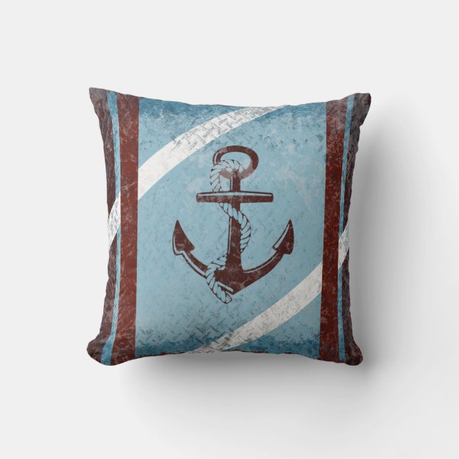 Retro Nautical Anchor Red Blue Grunge Distressed Throw Pillow (Front)