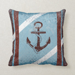 Retro Nautical Anchor Red Blue Grunge Distressed Throw Pillow