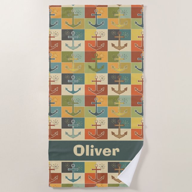 Retro Nautical Modern Anchor Pattern  Beach Towel (Front)