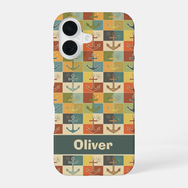 Retro Nautical Modern Anchor Pattern  iPhone 16 Case (Back)