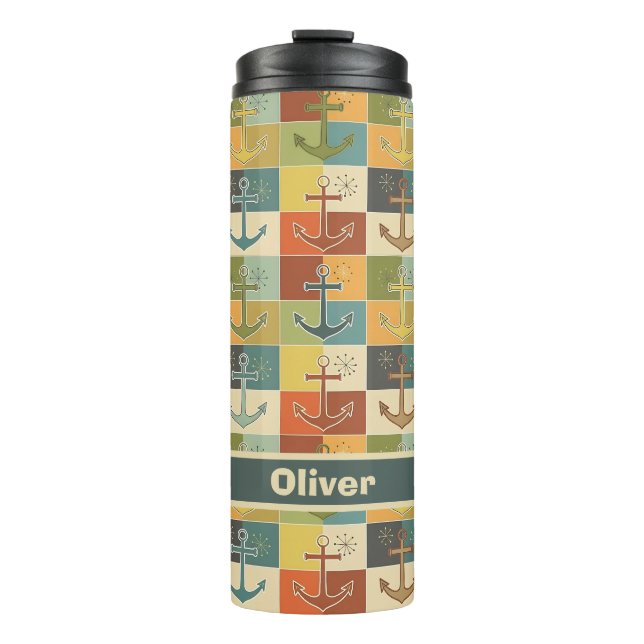 Retro Nautical Modern Anchor Pattern  Thermal Tumbler (Front)