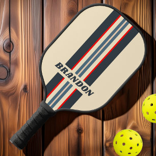 Retro Nautical Rainbow Rally Stripes with Name Pickleball Paddle