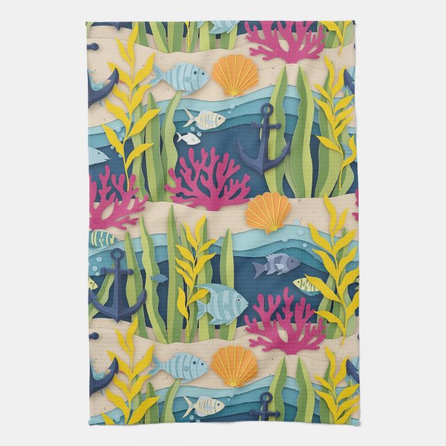 Retro Nautical Watercolor Pattern (10) Kitchen Towel (Vertical)