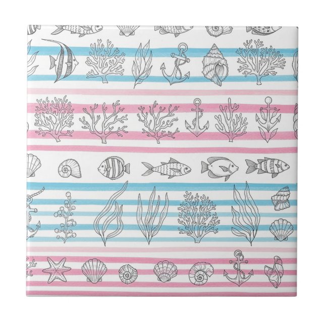Retro Nautical Watercolor Pattern (12) Tile (Front)