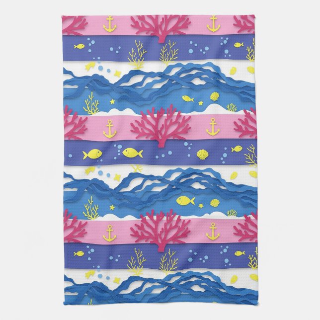 Retro Nautical Watercolor Pattern (13) Kitchen Towel (Vertical)