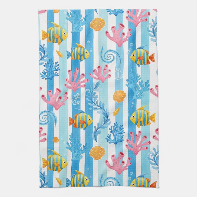 Retro Nautical Watercolor Pattern (14) Kitchen Towel (Vertical)