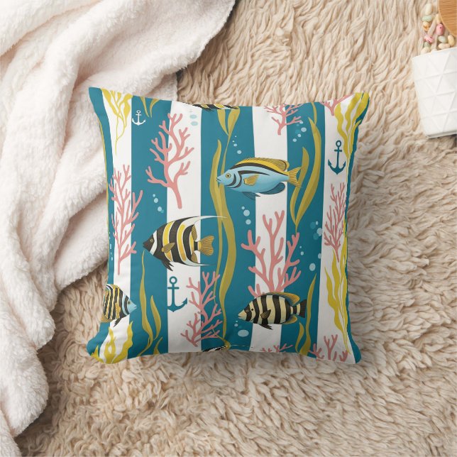 Retro Nautical Watercolor Pattern (14) Throw Pillow (Blanket)