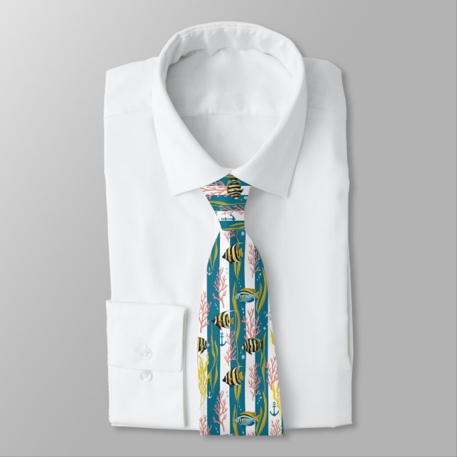 Retro Nautical Watercolor Pattern (14) Tie (Tied)