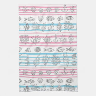 Retro Nautical Watercolor Pattern (15) Kitchen Towel