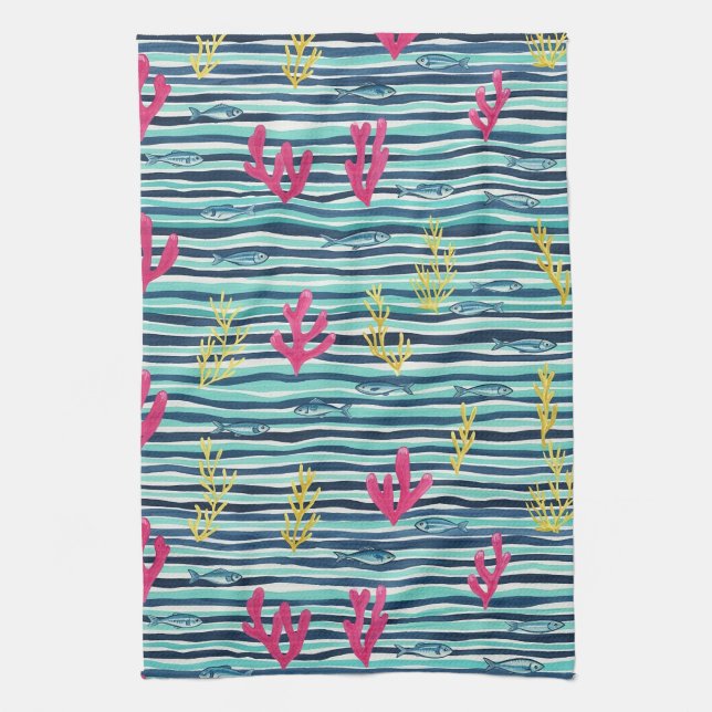 Retro Nautical Watercolor Pattern (1) Kitchen Towel (Vertical)