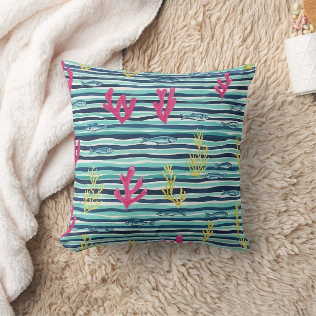 Retro Nautical Watercolor Pattern (1) Throw Pillow (Blanket)