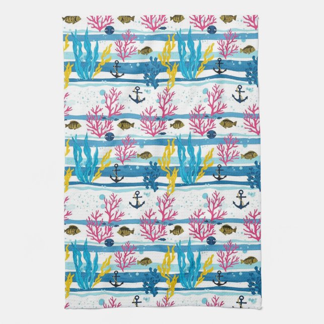 Retro Nautical Watercolor Pattern (2) Kitchen Towel (Vertical)