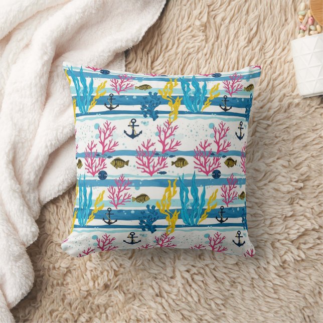 Retro Nautical Watercolor Pattern (2) Throw Pillow (Blanket)