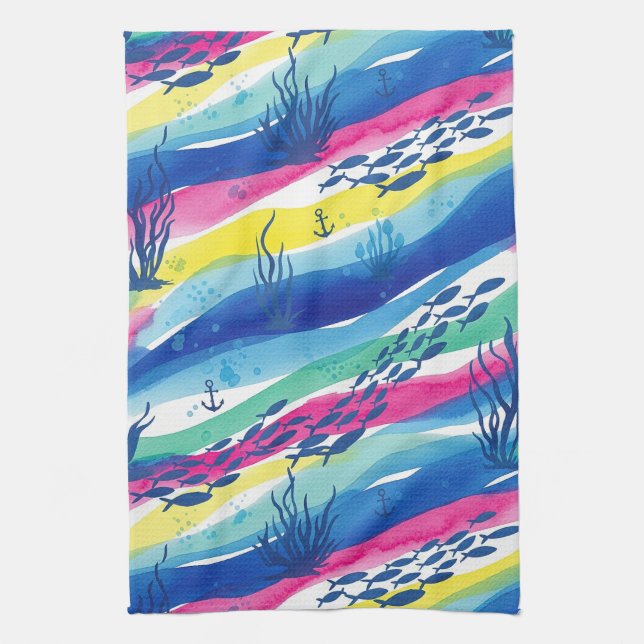 Retro Nautical Watercolor Pattern (3) Kitchen Towel (Vertical)