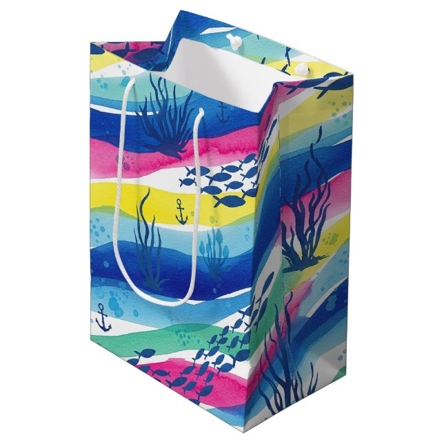 Retro Nautical Watercolor Pattern (3) Medium Gift Bag (Front Angled)