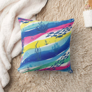 Retro Nautical Watercolor Pattern (3) Throw Pillow