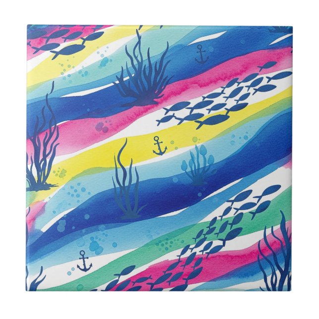 Retro Nautical Watercolor Pattern (3) Tile (Front)