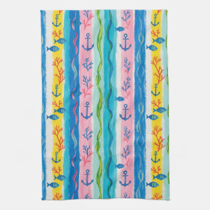 Retro Nautical Watercolor Pattern (4) Kitchen Towel