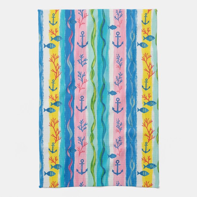 Retro Nautical Watercolor Pattern (4) Kitchen Towel (Vertical)