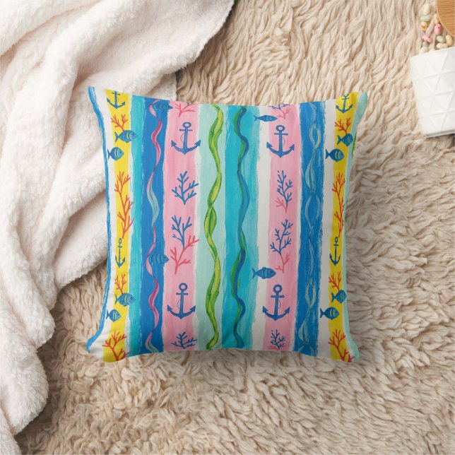 Retro Nautical Watercolor Pattern (4) Throw Pillow (Blanket)