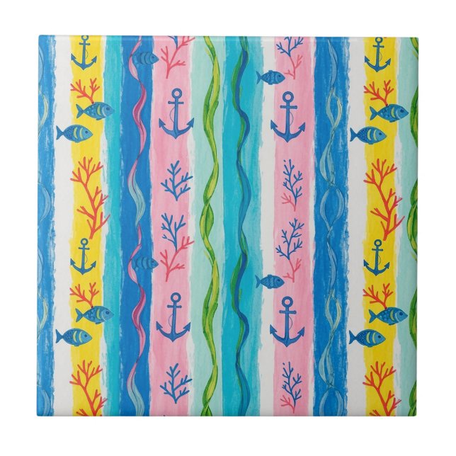 Retro Nautical Watercolor Pattern (4) Tile (Front)